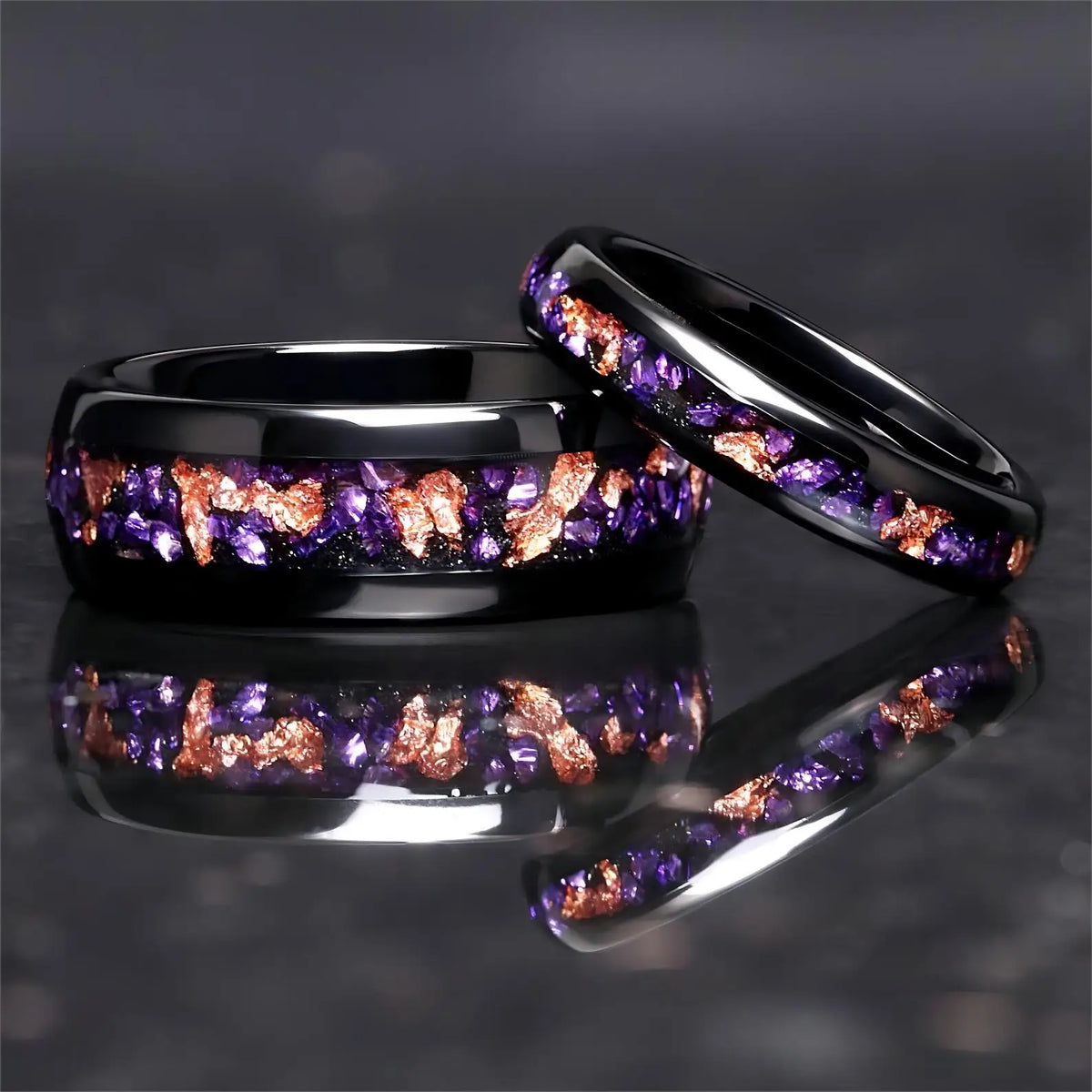 Amethyst Tungsten Wedding Rings | Rose Gold Inlay & Amethyst | Tungsten Wedding Band | Couples Ring
