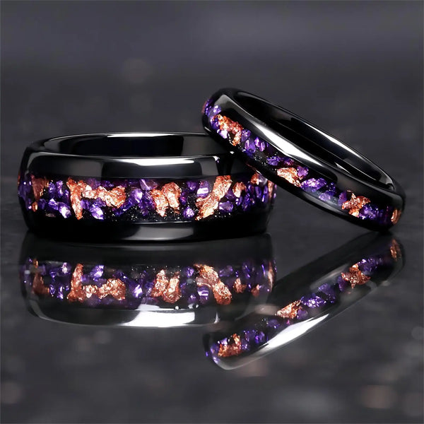 Amethyst Tungsten Wedding Rings | Rose Gold Inlay & Amethyst | Tungsten Wedding Band | Couples Ring
