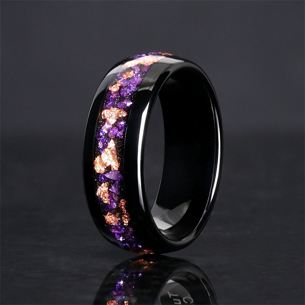 Amethyst Tungsten Wedding Rings | Rose Gold Inlay, Couples Wedding Band
