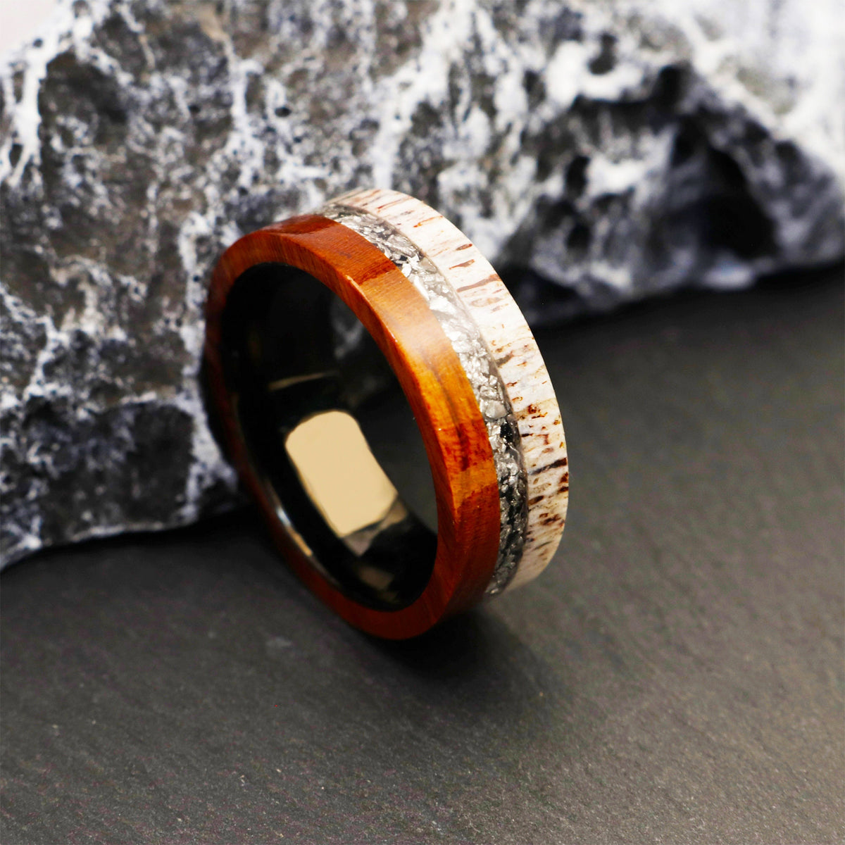 Antler & Meteorite Ring with Red Oak Wood | Tungsten Inner Shell Wedding Band for Men
