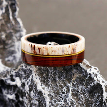Antler Ring with Guitar String & Red Oak Wood - Deer Ring with Tungsten Inner Shell - Mens Wedding Band - Hypoallergenic Ring - Gift for Him

