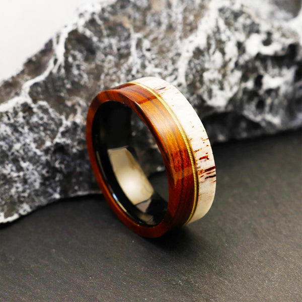 Antler Ring with Guitar String & Red Oak Wood | Tungsten Inner Shell Men’s Wedding Band
