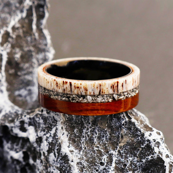 Antler Ring with Meteorite & Red Oak Wood - Deer Ring with Tungsten Inner Shell - Mens Wedding Band - Hypoallergenic Ring - Gift for Him
