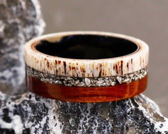 Antler Ring with Meteorite & Red Oak Wood | Tungsten Inner Shell Men’s Wedding Band

