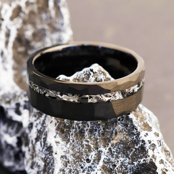 Black Meteorite, Men's Tungsten Wedding Ring, Tungsten Ring, Black Wedding Band, Tungsten Band, Tungsten Meteorite Band, Black Ring for Him
