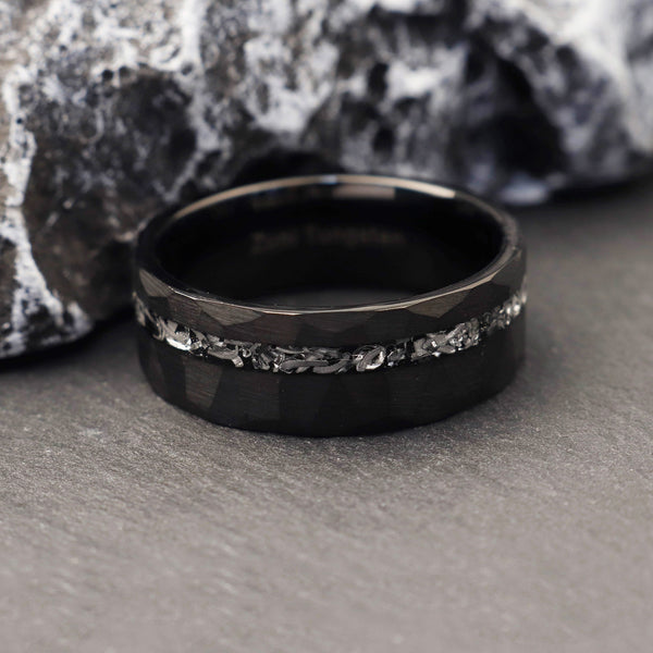Black Meteorite Tungsten Wedding Ring | Men’s Tungsten Band, Black Wedding Band for Him
