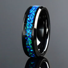 Black Tungsten Ocean Blue Opal Wedding Rings | 6mm & 8mm Couple Set for Him & Her
