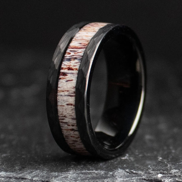 Black Tungsten Ring with Antler Inlay | 8mm Antler Tungsten Ring | Men's Wedding & Engagement Band | Unique Birthday Gift for Him | Engraved Ring
