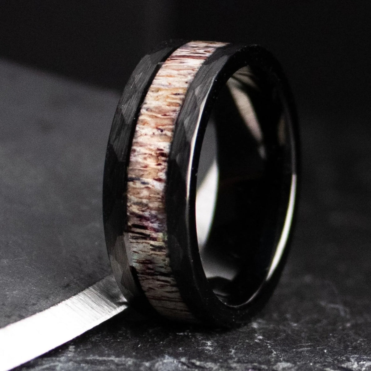 Black Tungsten Ring with Antler Inlay | 8mm Men’s Wedding & Engagement Band, Unique Gift for Him
