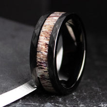 Black Tungsten Ring with Antler Inlay | 8mm Men’s Wedding & Engagement Band, Unique Gift for Him

