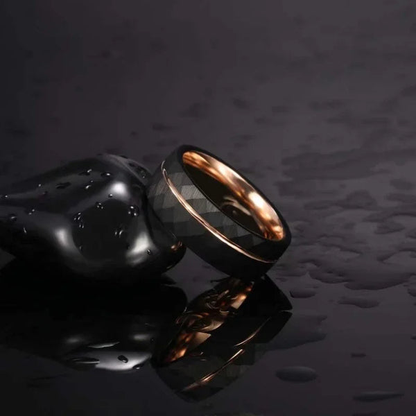 Black Tungsten Ring with Rose Gold Groove | 4mm, 6mm, 8mm Wedding Band
