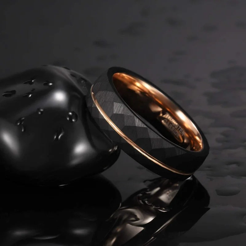 Black Tungsten Ring with Rose Gold Groove | 4mm, 6mm, 8mm Wedding Band for Him
