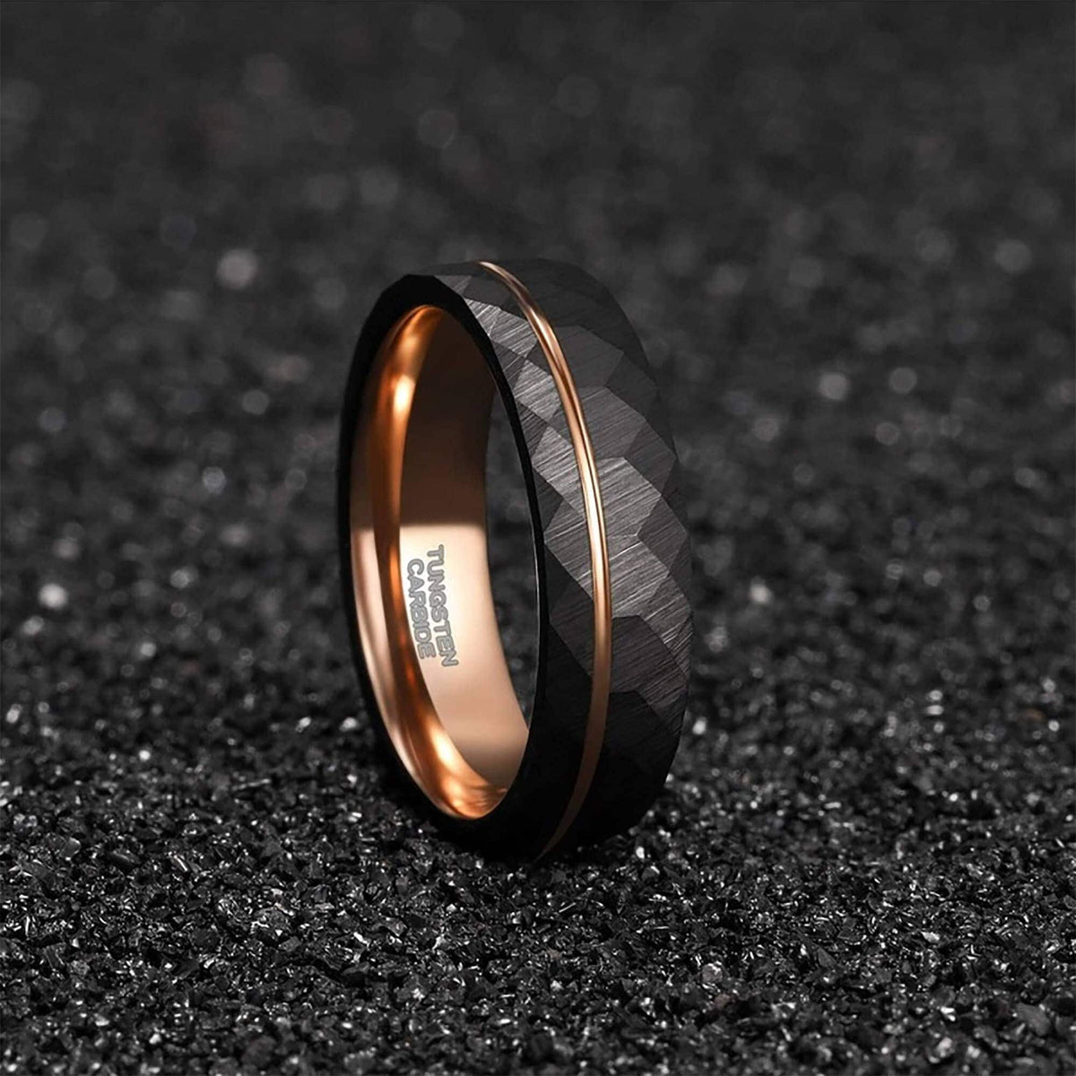 Black Tungsten Wedding Band with Rose Gold Inlay | Engagement & Wedding Ring
