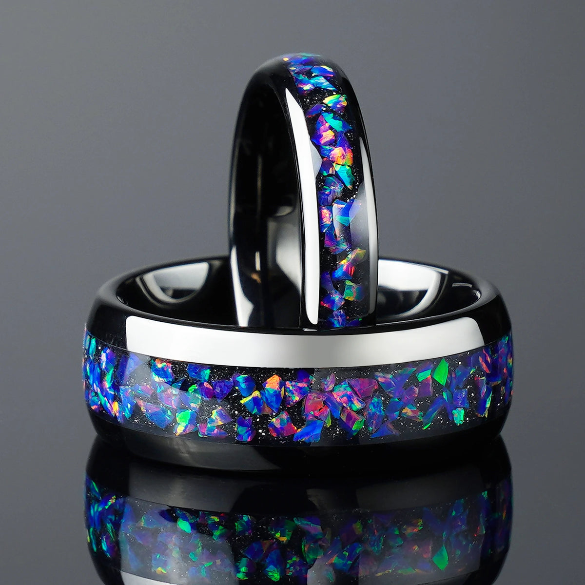Black Tungsten Wedding Rings | 4mm & 8mm Purple Opal Couple Engagement Bands
