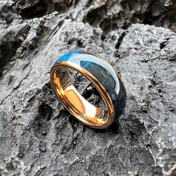 Blue Dyed Elder Wood Ring | Box Elder Wood Handcrafted Ring | 8 mm Domed Polished Tungsten Band | Nature-Inspired Jewellery | Wedding Bands
