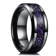 Bold Black Tungsten Ring with Shaolin Dragon Steel Plating | 8mm Purple Carbon Fibre Inlay Men's Wedding Band
