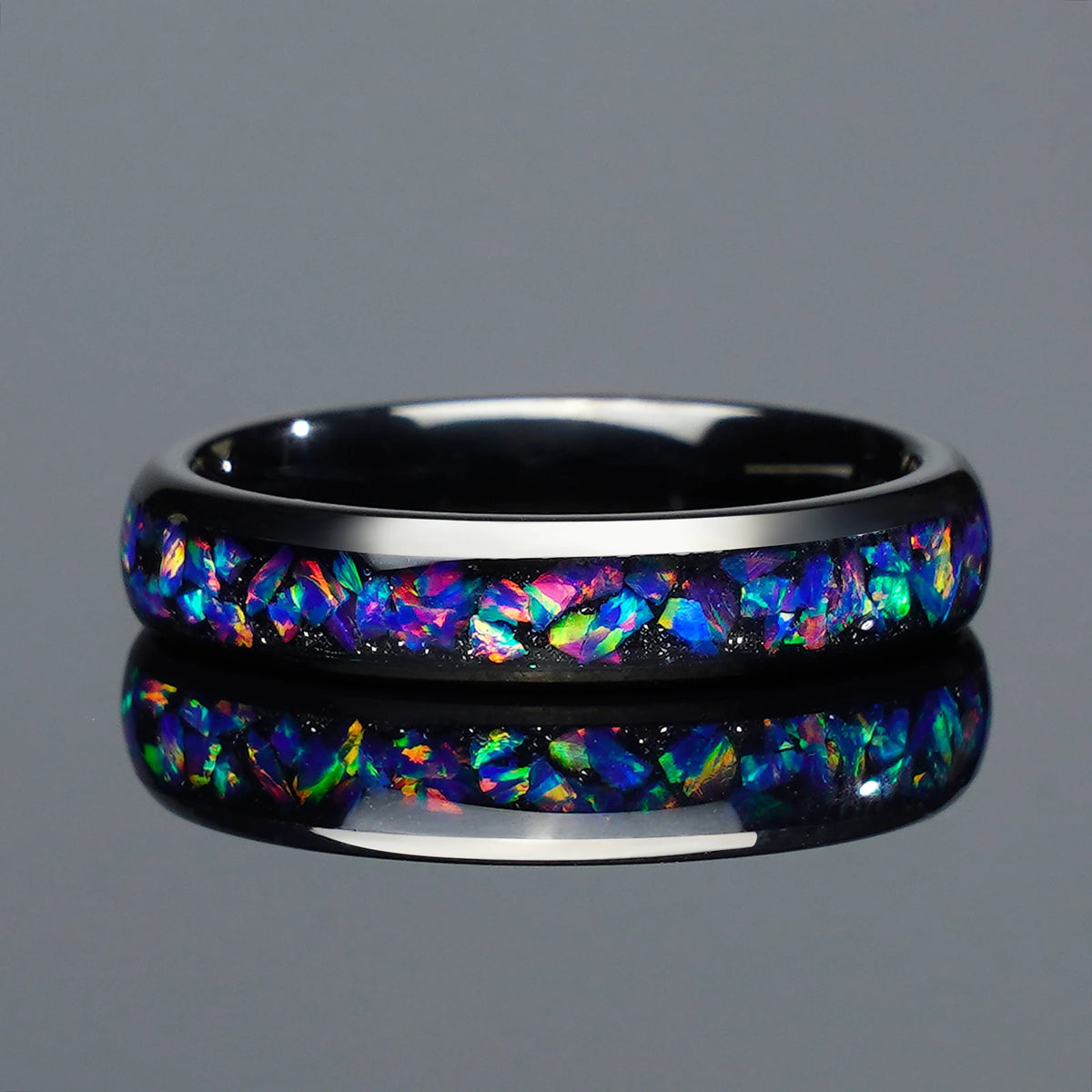 Couple's Set 4mm & 8mm Purple Opal Tungsten Rings | Black Wedding & Engagement Bands
