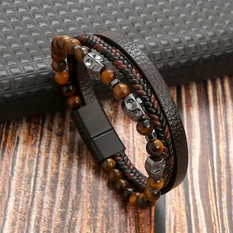 Boho Men’s Tiger Eye Bracelet | Handmade Leather Multilayer Wristband