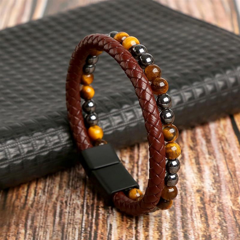 Boho Men’s Tiger Eye Bracelet | Handmade Leather Multilayer Wristband