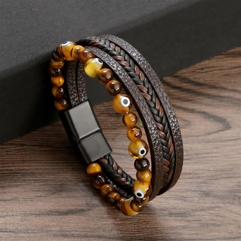 Tiger Eye Bracelet for Men | Boho Multi-Layer Leather Bracelet