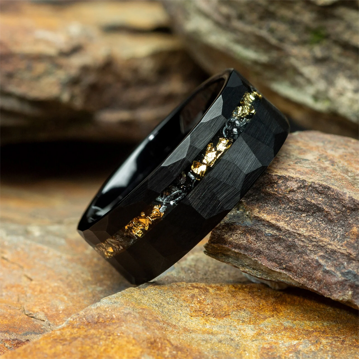 Men’s 8mm Black Tungsten Carbide Ring | Meteorite & Gold Leaf Inlay Wedding & Engagement Band
