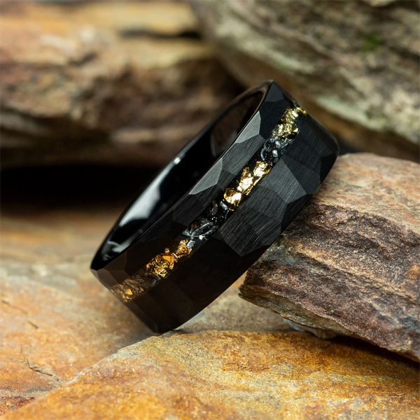 Men’s 8mm Black Tungsten Carbide Ring | Meteorite & Gold Leaf Inlay Wedding & Engagement Band
