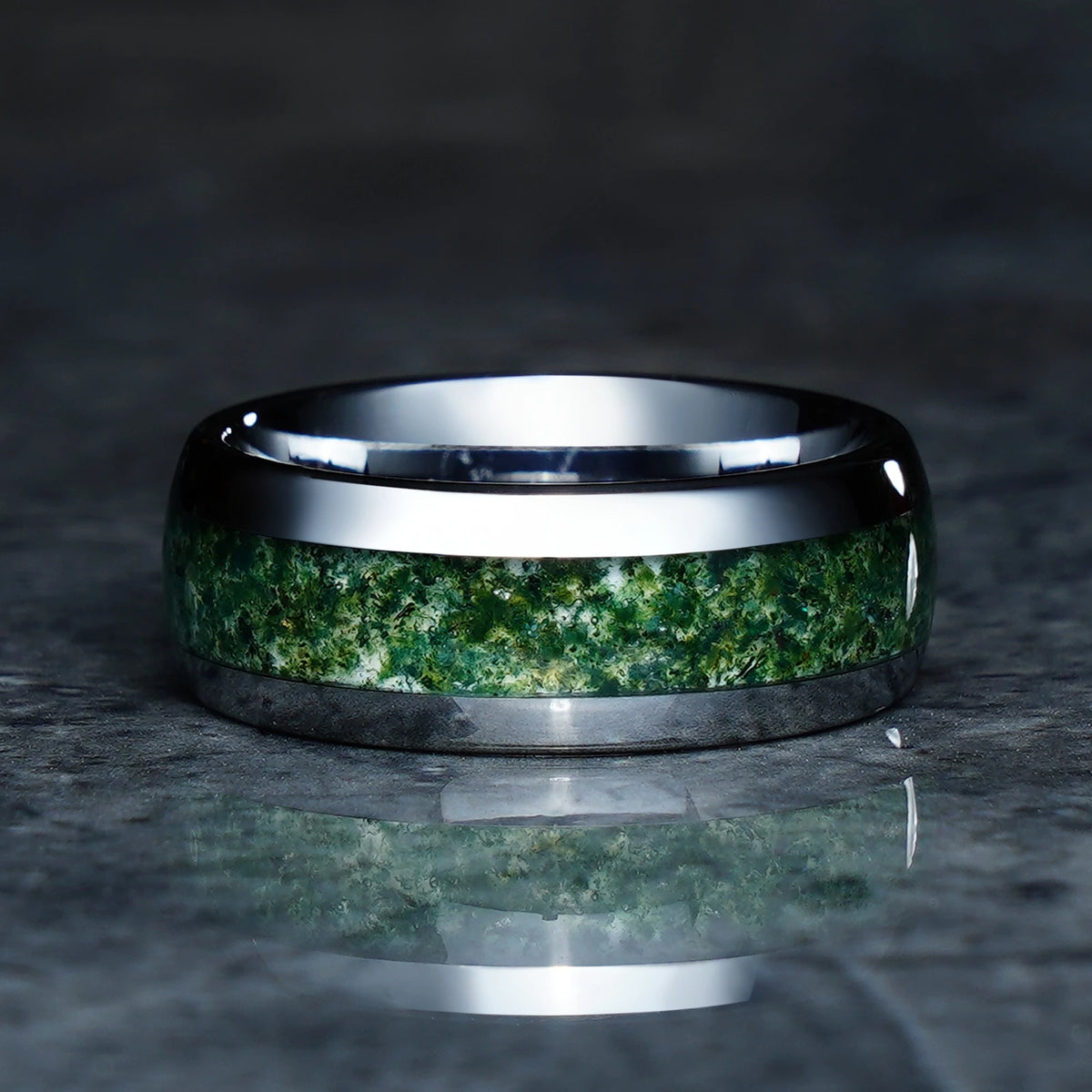 Men’s 8mm Moss Agate Tungsten Carbide Ring | Silver Wedding & Engagement Band, Gift for Him & Her
