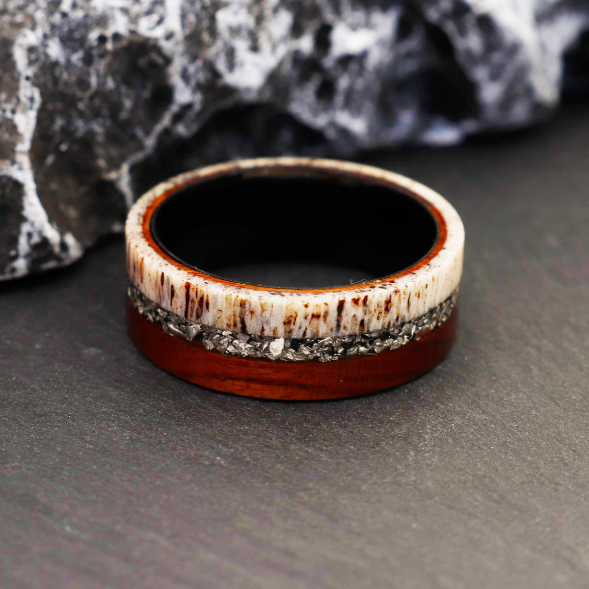 Men’s Wedding Band with Antler, Meteorite & Red Oak Wood | Tungsten Inner Shell Ring
