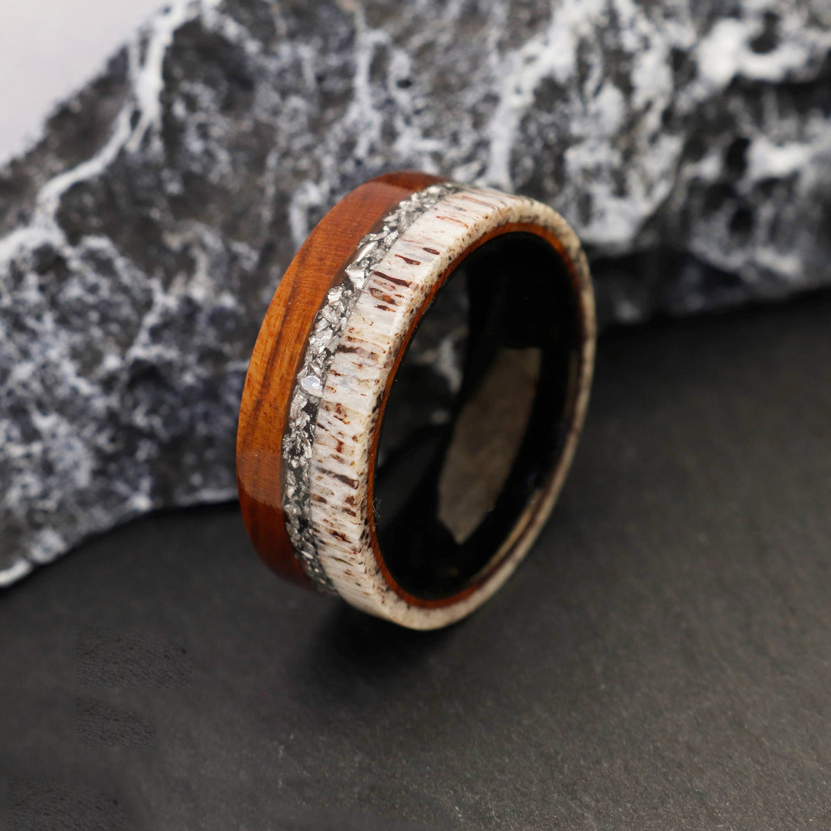 Meteorite Antler Ring with Red Oak Wood | Tungsten Inner Shell Hypoallergenic Wedding Band for Him
