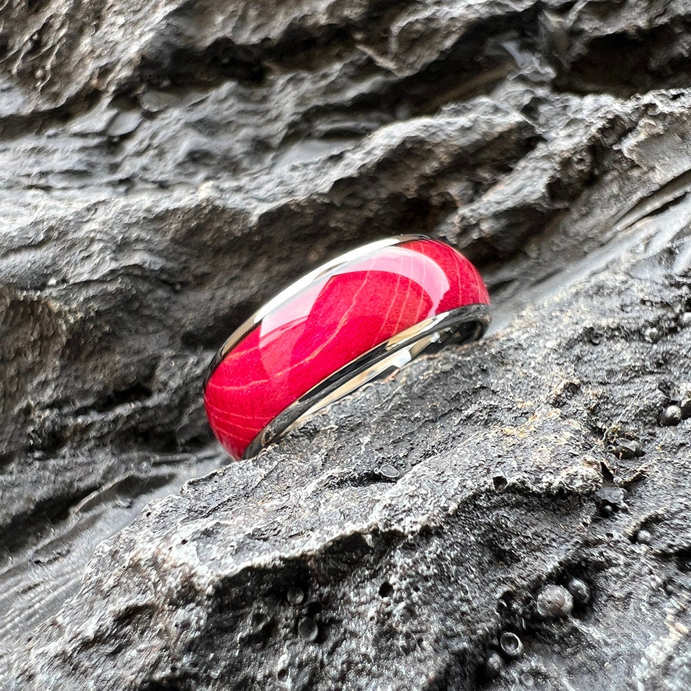 Nature-Inspired Blood Red Dyed Wood Tungsten Ring | Box Elder Wood, 8mm Polished Band
