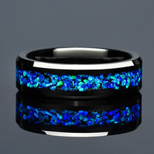Ocean Blue Opal Black Tungsten Wedding Ring Set | 6mm & 8mm Bands for Couples
