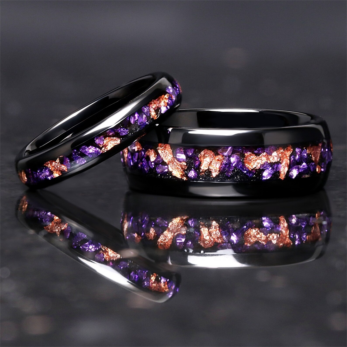 Rose Gold Inlay Amethyst Tungsten Ring | Unique Wedding Band for Couples

