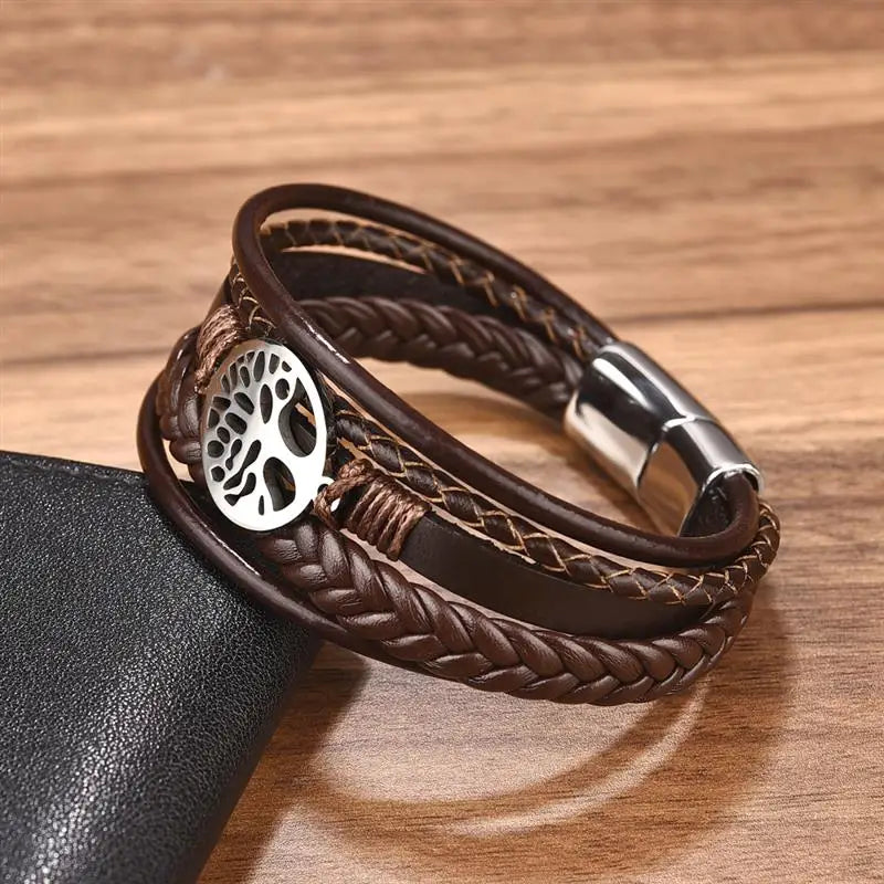 Men’s Tree of Life Leather Bracelet | Stainless Steel Magnetic Clasp
