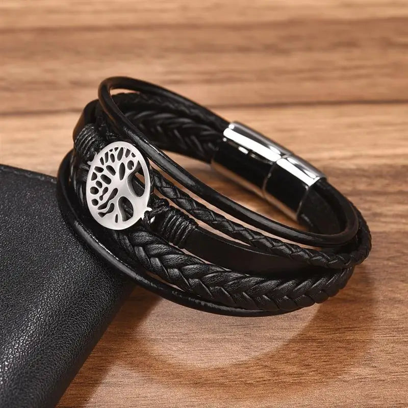 Men’s Tree of Life Leather Bracelet | Stainless Steel Magnetic Clasp