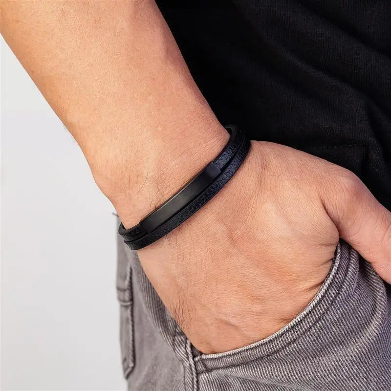 Men’s Black Leather Bracelet – Double-Layer Braid with Stainless Steel