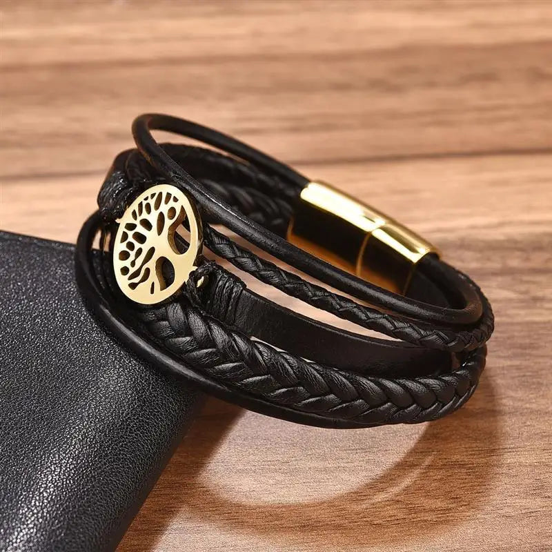 Men’s Tree of Life Leather Bracelet | Stainless Steel Magnetic Clasp