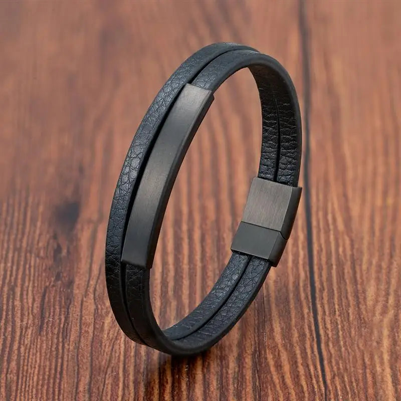 Men’s Black Leather Bracelet – Double-Layer Braid with Stainless Steel
