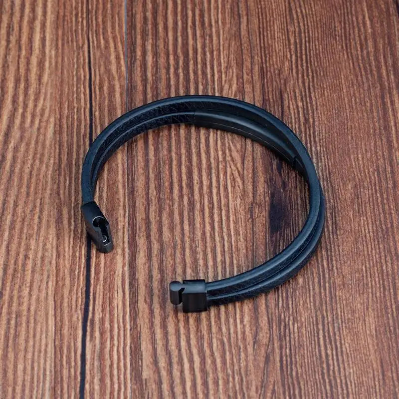 Men’s Black Leather Bracelet – Double-Layer Braid with Stainless Steel
