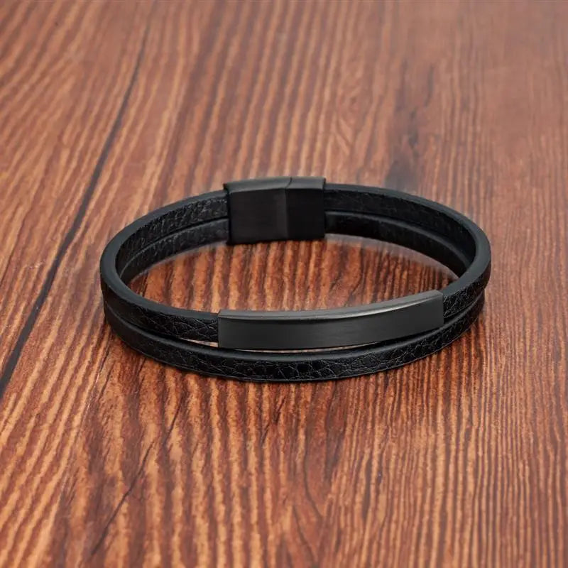 Men’s Black Leather Bracelet – Double-Layer Braid with Stainless Steel