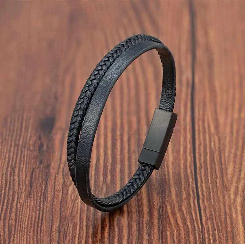 Men’s Black Leather Bracelet – Double-Layer Braid with Stainless Steel