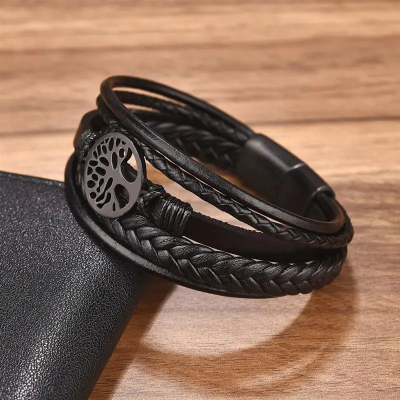 Men’s Tree of Life Leather Bracelet | Stainless Steel Magnetic Clasp