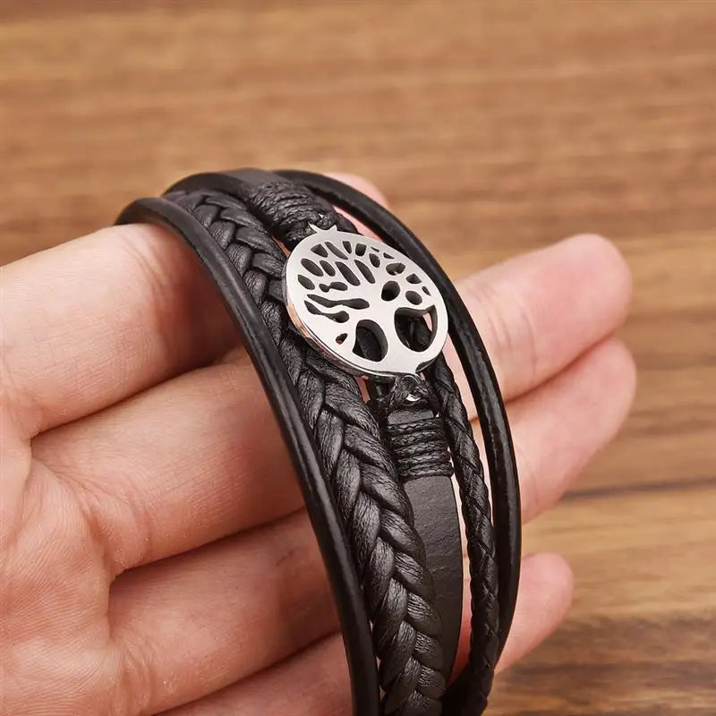 Men’s Tree of Life Leather Bracelet | Stainless Steel Magnetic Clasp