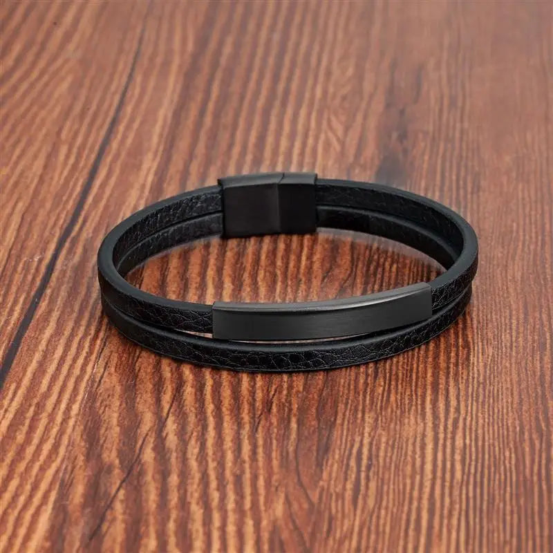 Men’s Black Leather Bracelet – Double-Layer Braid with Stainless Steel