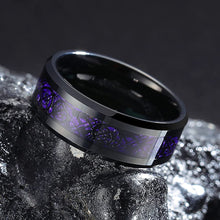 Shaolin Dragon Steel Plated Black Tungsten Ring | 8mm Purple Carbon Fibre Inlay, Bold Men's Wedding Band
