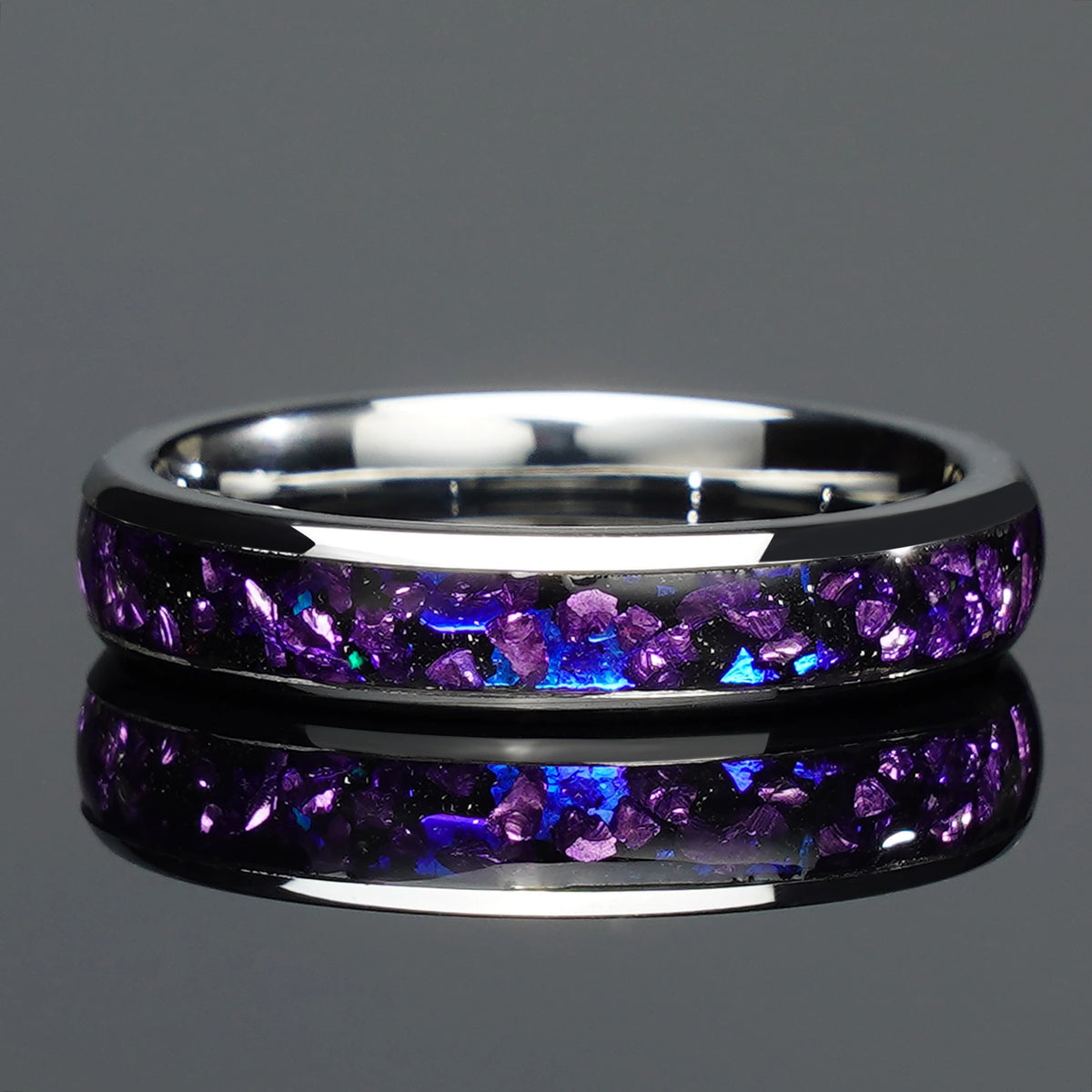 Tungsten Amethyst Nebula Rings | 4mm & 8mm Wedding & Engagement Bands for Couples
