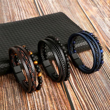 Boho men’s bracelet made of handmade tiger eye beads and brown leather with multilayer design