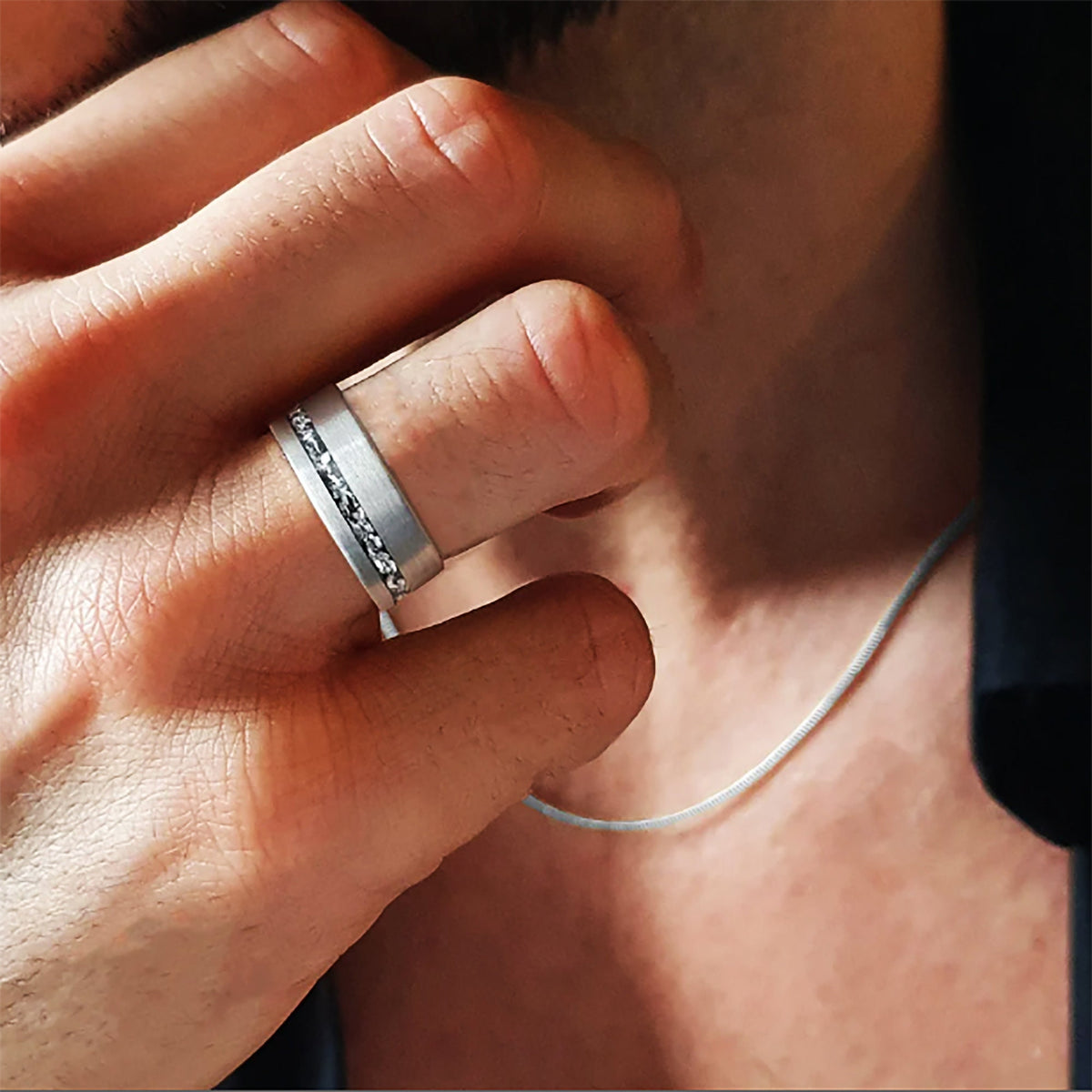 Men’s Silver Meteorite Ring | Tungsten Wedding Band | Interstellar Gift