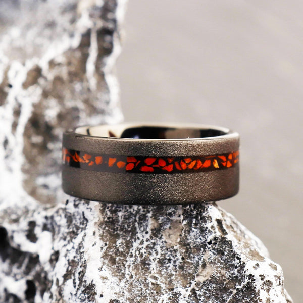 T-Rex Dinosaur Bone Ring – Fossilized Tyrannosaurus Rex Ring – 8mm Red Dinosaur Bone Ring – Unique Engagement Gift for Fiance