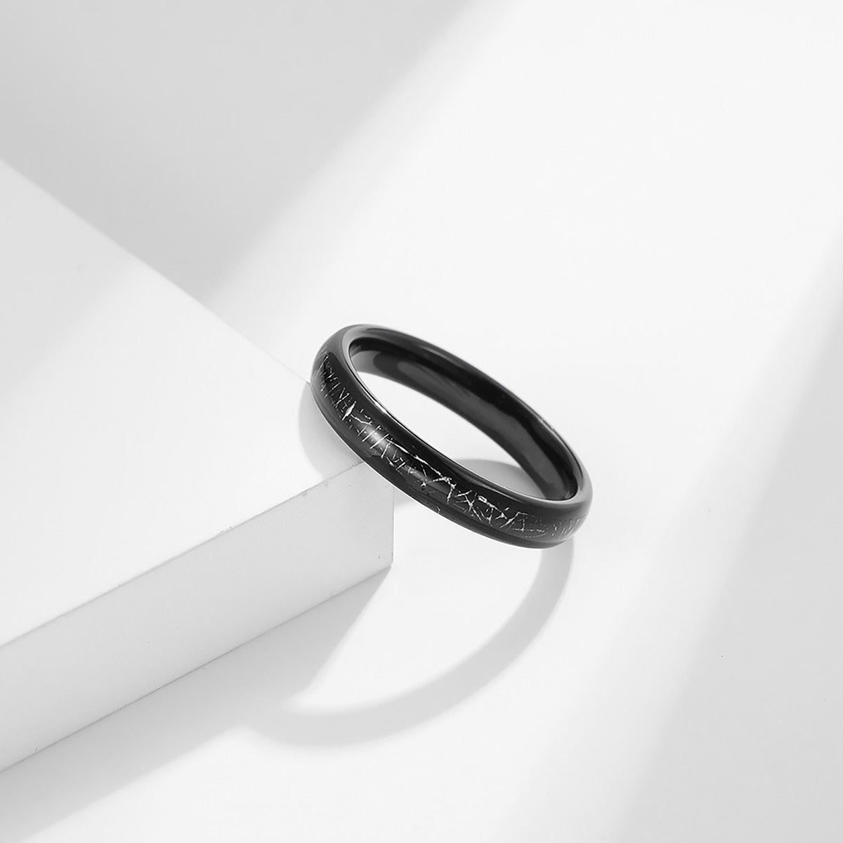 Classic Black Meteorite Ring - 6, 4 mm Couples Matching Rings - Imitated Meteorite Carbon Fiber Inlay - Wedding Ring Set - Gift For Couples