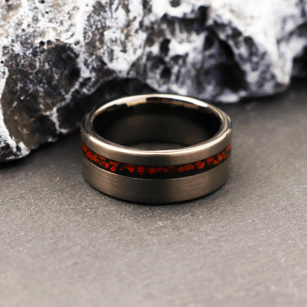 T-Rex Dinosaur Bone Ring – Fossilized Tyrannosaurus Rex Ring – 8mm Red Dinosaur Bone Ring – Unique Engagement Gift for Fiance